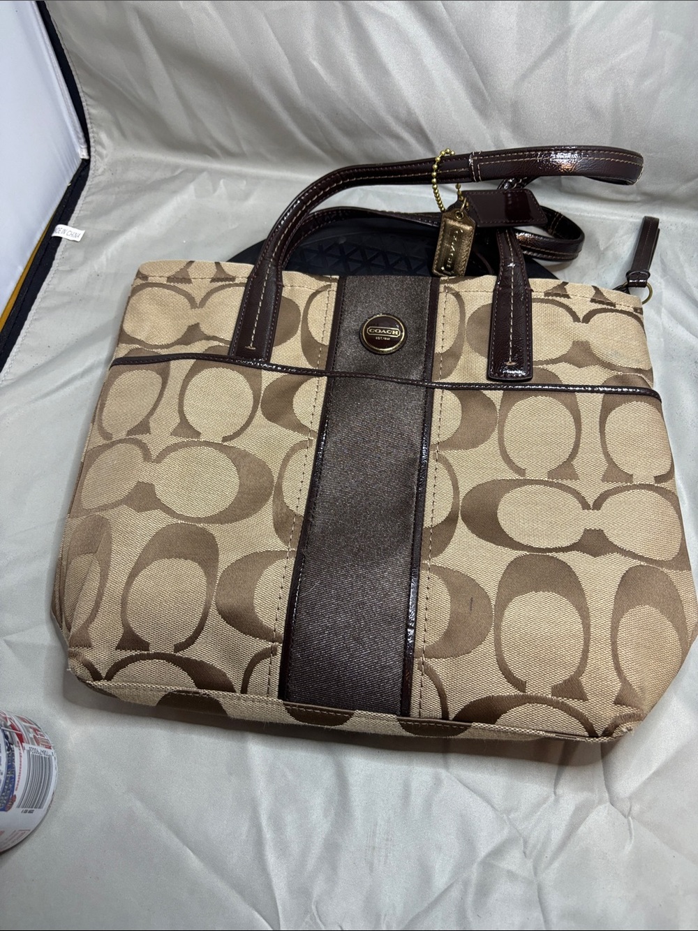Coach Beige Canvas Tote with Brown Leather Trim